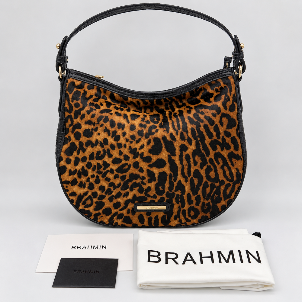 Brahmin Kathleen Shoulder Bag Leopard Pony Hair Black Damson Leather Hobo